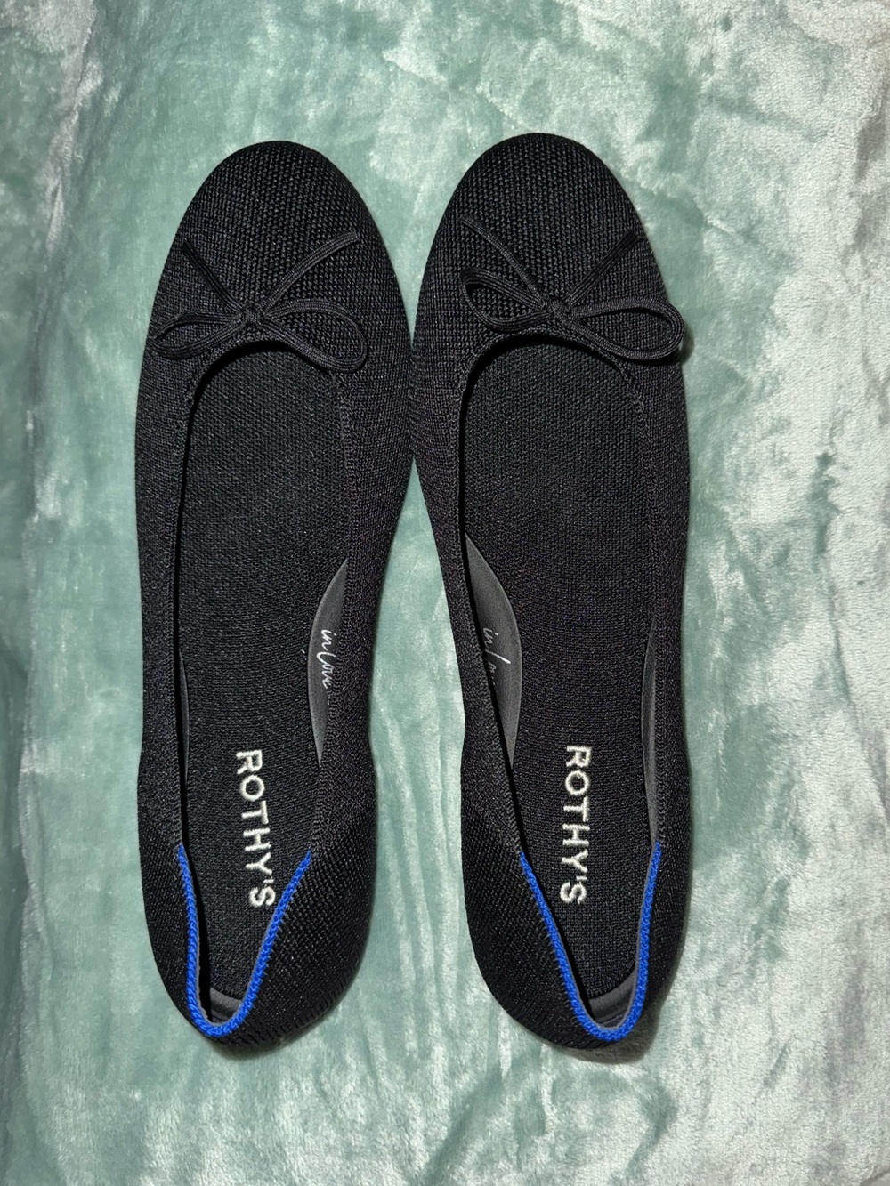 Rothy's Black Knit Ballet Flats with Blue Trim